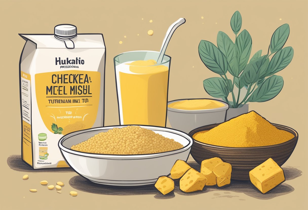 A bowl of chickpea flour, nutritional yeast, and turmeric mixed with water, alongside a carton of plant-based milk and a container of tofu